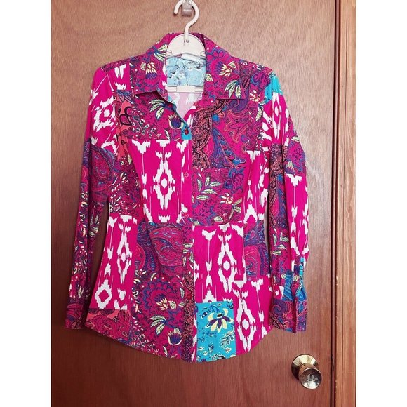 DG2 by Diane Gilman Size XS Hot Pink Floral Mixed Print Button Up Top‎ - Picture 1 of 5